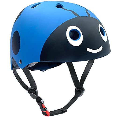 Casco para niños y niñas Casco cómodo Ajustable de Seguridad para patineta, patineta, Bicicleta (3-8 años) (Blue Ladybug, S(3-8years Old))