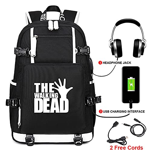 CBA BING The Walking Dead Mochila de Dibujos Animados Mochila para niños Mochila para portátil niños y niñas Bolsa de Viaje de Gran Capacidad con Puerto de Carga USB y Puerto para Auriculares,Negro