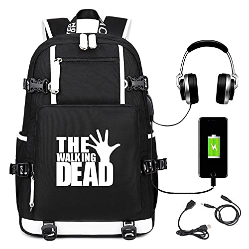 CBA BING The Walking Dead Mochila de Dibujos Animados Mochila para niños Mochila para portátil niños y niñas Bolsa de Viaje de Gran Capacidad con Puerto de Carga USB y Puerto para Auriculares,Negro