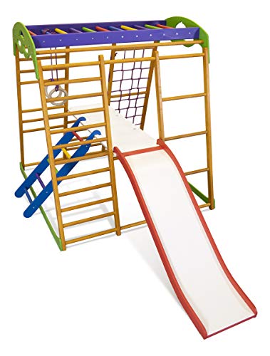 Centro de actividades con tobogán ˝Karamelcek-Plus-2˝, red de escalada, anillos, escalera sueco, campo de juego infantil