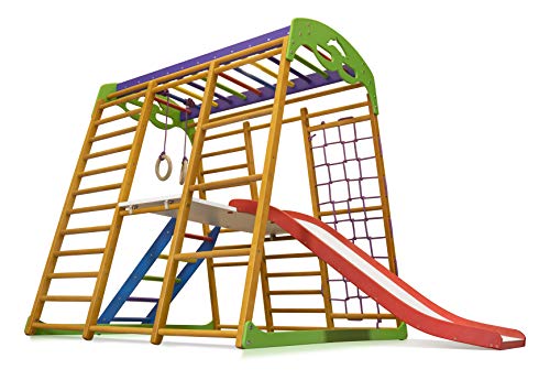 Centro de actividades con tobogán ˝Karamelcek-Plus-2˝, red de escalada, anillos, escalera sueco, campo de juego infantil