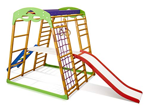 Centro de actividades con tobogán ˝Karamelcek-Plus-2˝, red de escalada, anillos, escalera sueco, campo de juego infantil