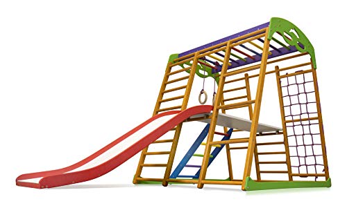 Centro de actividades con tobogán ˝Karamelcek-Plus-2˝, red de escalada, anillos, escalera sueco, campo de juego infantil