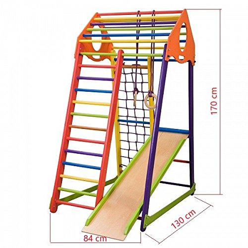 Centro de actividades con tobogán"BambinowoodColor" red de escalada, anillos, escalera sueco, campo de juego infantil