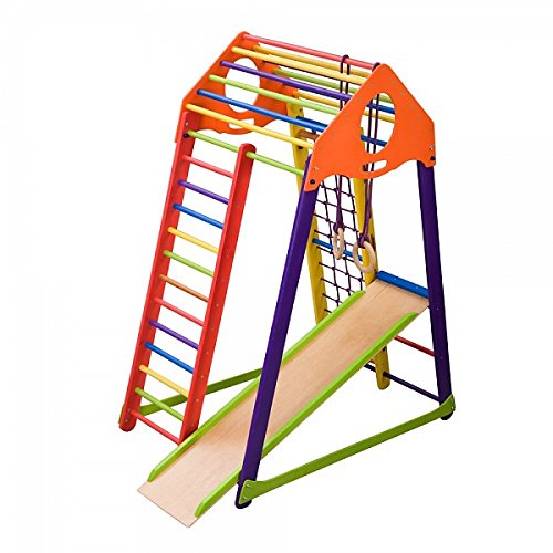 Centro de actividades con tobogán"BambinowoodColor" red de escalada, anillos, escalera sueco, campo de juego infantil