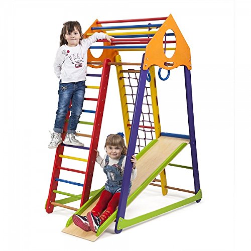 Centro de actividades con tobogán"BambinowoodColor" red de escalada, anillos, escalera sueco, campo de juego infantil