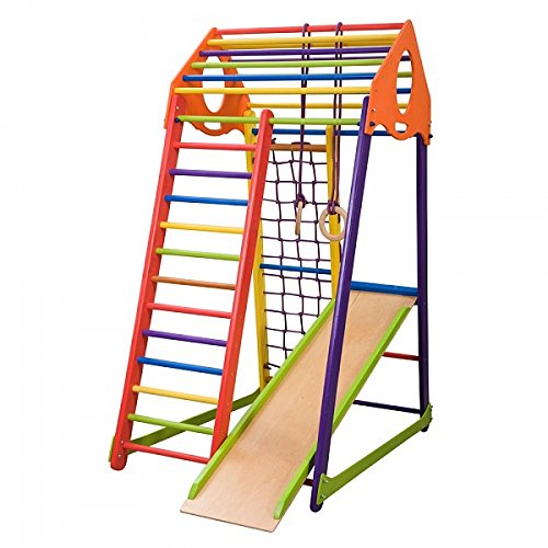 Centro de actividades con tobogán"BambinowoodColor" red de escalada, anillos, escalera sueco, campo de juego infantil