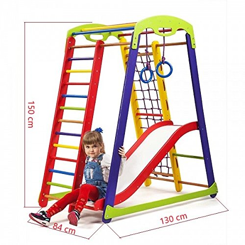 Centro de actividades con tobogán"JuniorColor-1" red de escalada, anillos, escalera sueco, campo de juego infantil