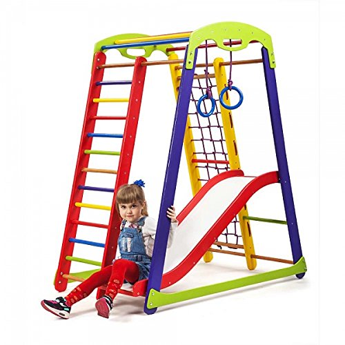 Centro de actividades con tobogán"JuniorColor-1" red de escalada, anillos, escalera sueco, campo de juego infantil