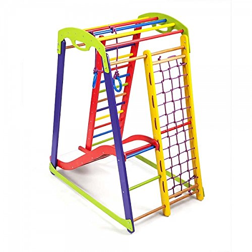 Centro de actividades con tobogán"JuniorColor-1" red de escalada, anillos, escalera sueco, campo de juego infantil