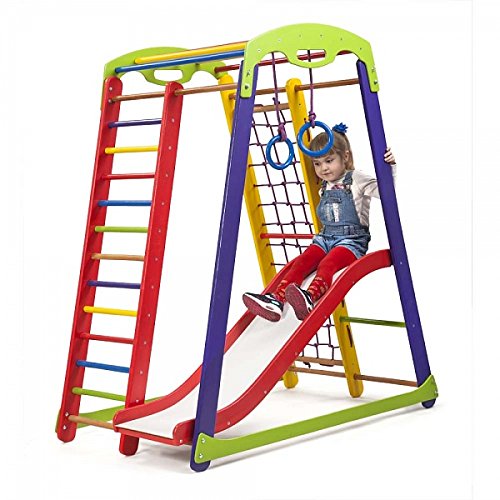 Centro de actividades con tobogán"JuniorColor-1" red de escalada, anillos, escalera sueco, campo de juego infantil