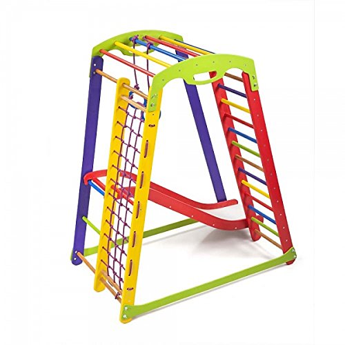 Centro de actividades con tobogán"JuniorColor-1" red de escalada, anillos, escalera sueco, campo de juego infantil