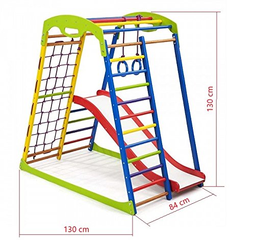 Centro de actividades con tobogán"Sportwood-1" red de escalada, anillos, escalera sueco, campo de juego infantil