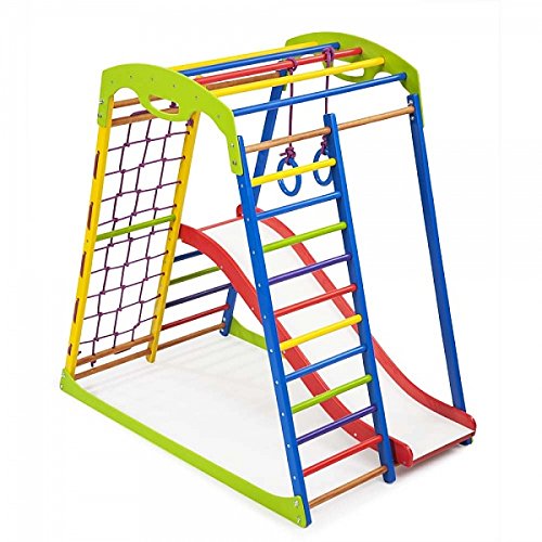 Centro de actividades con tobogán"Sportwood-1" red de escalada, anillos, escalera sueco, campo de juego infantil