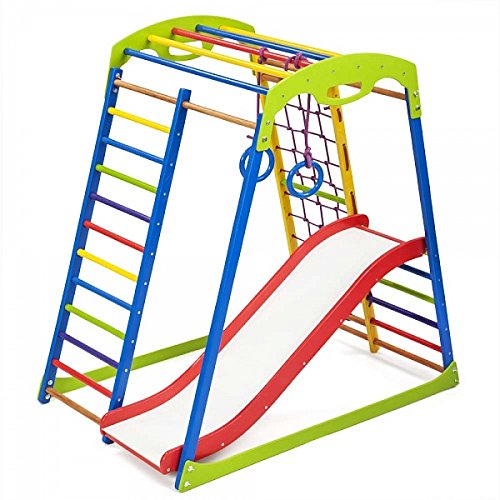 Centro de actividades con tobogán"Sportwood-1" red de escalada, anillos, escalera sueco, campo de juego infantil