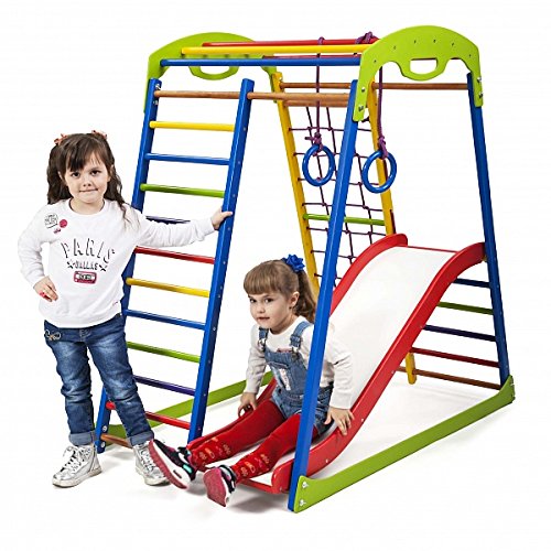 Centro de actividades con tobogán"Sportwood-1" red de escalada, anillos, escalera sueco, campo de juego infantil