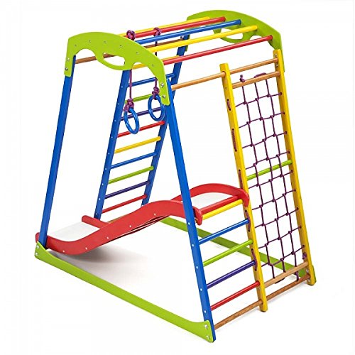 Centro de actividades con tobogán"Sportwood-1" red de escalada, anillos, escalera sueco, campo de juego infantil