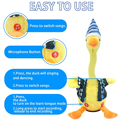 CestMall Juguete de Peluche de Pato bailarín, Juguete de Pato de repetición de con Luces de Colores y música, Juguete Multifuncional de Pato Que Canta, Divertido Juguete niños (Blue)