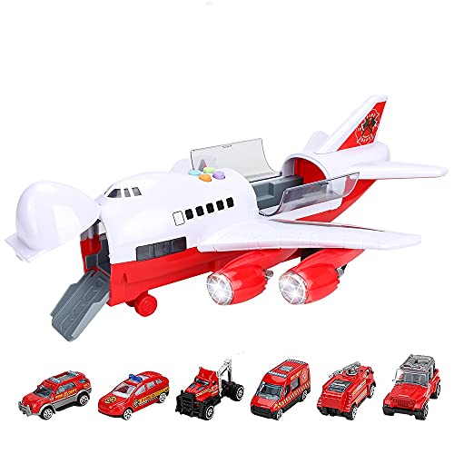 CestMall Trucks Coche Avión Juguetes Juego de extinción de Incendios Transporte Vehículo de Carga, Juguete Educativo Avión electrónico Grande con 6 Coches y 11 señales de tráfico Juego de Juguete de