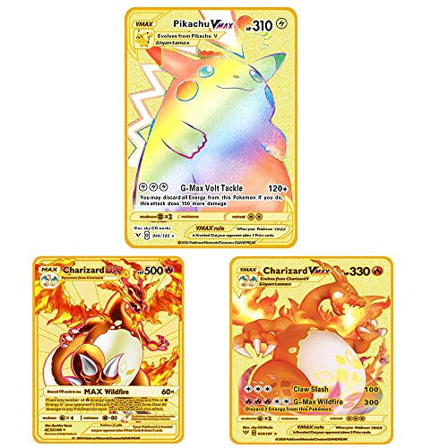 Charizard Gold Vmax DX GX tarjeta de metal chapado en oro, tarjeta chapada en oro, el mejor regalo para coleccionistas y niños (3 piezas)