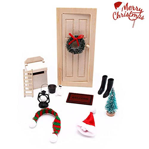 Cheyin 12 Piezas de Navidad Mini Juego de Puerta enana Adorno de Puerta de Hadas Escalera de Madera Fregona enana Sombrero de Navidad Bufanda Adornos de Navidad para casa de muñecas