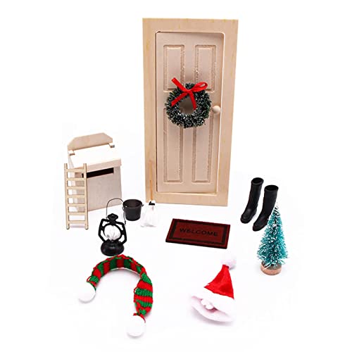 Cheyin 12 Piezas de Navidad Mini Juego de Puerta enana Adorno de Puerta de Hadas Escalera de Madera Fregona enana Sombrero de Navidad Bufanda Adornos de Navidad para casa de muñecas