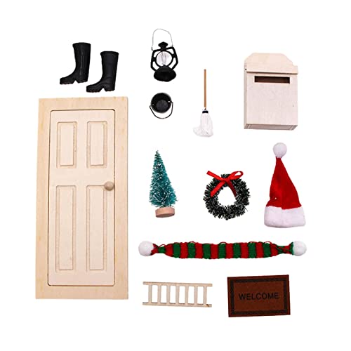 Cheyin 12 Piezas de Navidad Mini Juego de Puerta enana Adorno de Puerta de Hadas Escalera de Madera Fregona enana Sombrero de Navidad Bufanda Adornos de Navidad para casa de muñecas