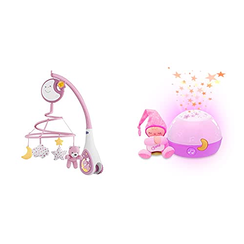 Chicco Next2 Dreams Móvil De Cuna + Buenas Noches Estrellitas Rosa, Lámpara Bebé Multicolor con Luz Quitamiedos Y Proyector De Estrellas