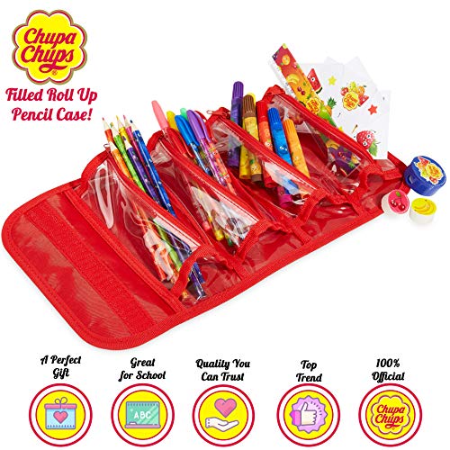 Chupa Chups Estuche Escolar Enrollable con 4 Cremalleras, Set Papeleria Bonita con Lapices de Colores Rotuladores Perfumados Pegatinas Regalos Originales para Niños y Niñas