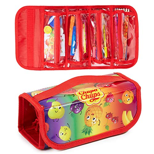 Chupa Chups Estuche Escolar Enrollable con 4 Cremalleras, Set Papeleria Bonita con Lapices de Colores Rotuladores Perfumados Pegatinas Regalos Originales para Niños y Niñas