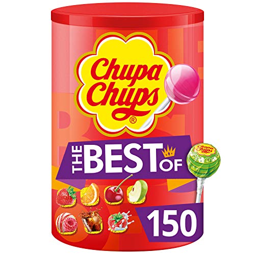 Chupa Chups - Tubo 150 Sucettes The Best Of - Sucettes à la Pulpe de Fruit + Sucettes Cola et Milky - Idéal pour Fêtes d'Anniversaires- Boite Chupa Chups de 1,8 Kg