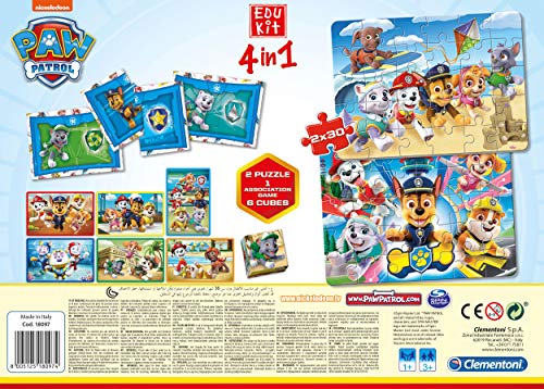 Clementoni-18097 - Edukit 4 en 1 - Paw Patrol - juego educativo con memo, puzzle, cubos con dibujos y dominó a partir de 3 años