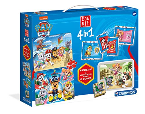 Clementoni-18097 - Edukit 4 en 1 - Paw Patrol - juego educativo con memo, puzzle, cubos con dibujos y dominó a partir de 3 años