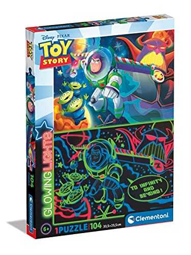 Clementoni Glowing Lights colección-Disney Toy Story, Fluorescente 104 Piezas-Made in Italy, niños 6 años, Puzzle Carton, Multicolor (27549)