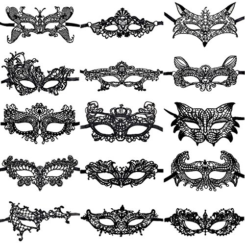 CNYMANY 15 paquetes de máscaras de encaje flexibles sexy para mujer, máscara de ojos para disfraz de mascarada veneciana de fiesta de baile - negro