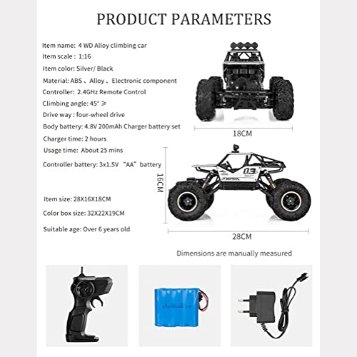 Coche De Control Remoto A Escala 1:16, Camión Monster RC Todoterreno Rápido Y De Alta Velocidad, Camión De Control Remoto Todoterreno Todoterreno con Batería Recargable,Silver,16x18x14cm