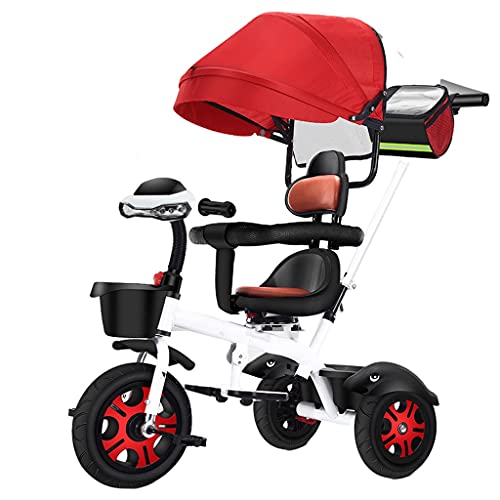 Cochecito de bebé triciclo para niños, 1 – 6 años, bicicleta de bebé grande, educación temprana, música intermitente, fácil de instalar, ligero y plegable (color rojo)