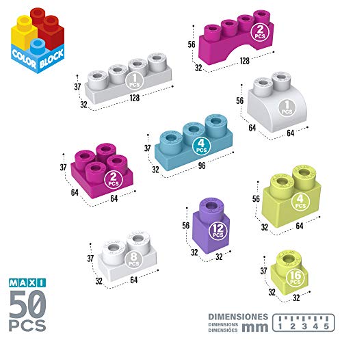 ColorBaby - Bloques de construccion bebe, Cubo 50 bloques de construccion, Ladrillos de colores maxi, Cubos apilables bebe, Juguetes bebe 1 año, Juegos construcción, Mega bloques (49286)