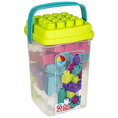 ColorBaby - Bloques de construccion bebe, Cubo 50 bloques de construccion, Ladrillos de colores maxi, Cubos apilables bebe, Juguetes bebe 1 año, Juegos construcción, Mega bloques (49286)