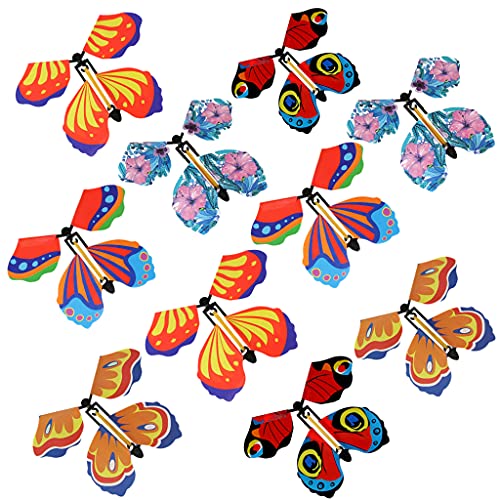 Conruich - 10 piezas de juguete mágico de mariposa voladora, creativo y colorido, para niños, juguete mariposa enrollable, banda de goma, con mariposa, regalo sorpresa para fiesta de cumpleaños, boda