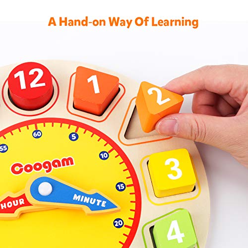 Coogam Reloj de Aprendizaje Wood Shapes - Tiempo de enseñanza Bloques de números Apilador Clasificador Montessori Puzzle Aprendizaje temprano Juguete Educativo Regalo