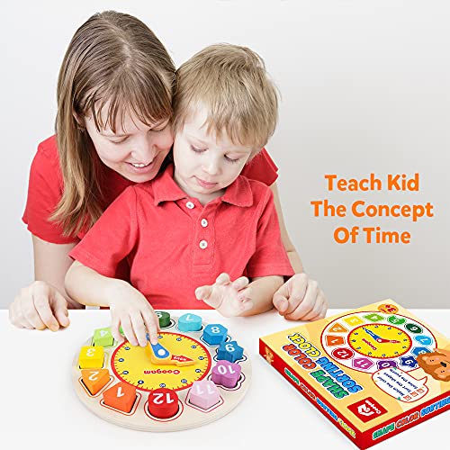 Coogam Reloj de Aprendizaje Wood Shapes - Tiempo de enseñanza Bloques de números Apilador Clasificador Montessori Puzzle Aprendizaje temprano Juguete Educativo Regalo