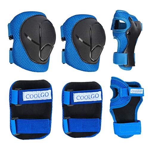 COOLGO Juego de equipo de protección para niños, rodilleras, coderas, muñequeras, 6 unidades, para monopatín multideportes, patinaje en línea, patines de ciclismo, bicicleta BMX (azul)