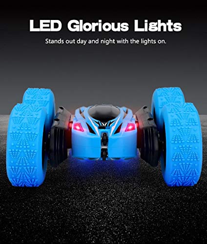 Coriver Coche de Control Remoto, 2.4Ghz 4WD Doble Cara Giro 360 ° Coche eléctrico de Acrobacias RC de Alta Velocidad con Faros LED Batería Recargable, Coches de Choque controlados por Radio