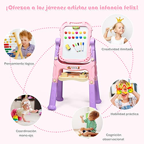 COSTWAY Caballete Artístico para Niños, Pizarra Negra y Blanca, Mesa de Dibujo, Regulable y Giratorio a 360°, Set Magnético Portátil para Dibujar con Accesorios (rojo)