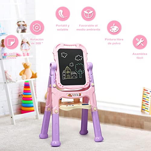 COSTWAY Caballete Artístico para Niños, Pizarra Negra y Blanca, Mesa de Dibujo, Regulable y Giratorio a 360°, Set Magnético Portátil para Dibujar con Accesorios (rojo)