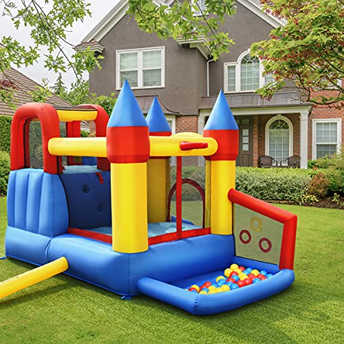 COSTWAY Casa Inflable 6 en 1, Castillo Inflable con Red de Seguridad, Castillo para Saltar con Tobogán Aro de Baloncesto para Jugar con Pelotas, Compresor 680 W para 3-10 Años