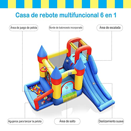 COSTWAY Casa Inflable 6 en 1, Castillo Inflable con Red de Seguridad, Castillo para Saltar con Tobogán Aro de Baloncesto para Jugar con Pelotas, Compresor 680 W para 3-10 Años