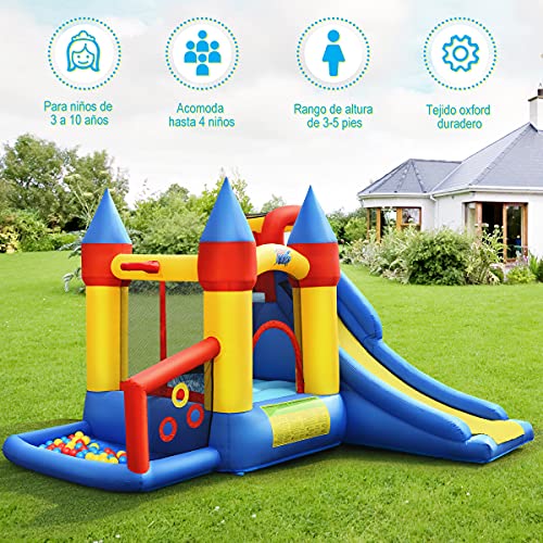 COSTWAY Casa Inflable 6 en 1, Castillo Inflable con Red de Seguridad, Castillo para Saltar con Tobogán Aro de Baloncesto para Jugar con Pelotas, Compresor 680 W para 3-10 Años