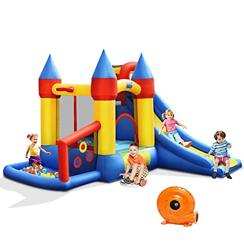 COSTWAY Casa Inflable 6 en 1, Castillo Inflable con Red de Seguridad, Castillo para Saltar con Tobogán Aro de Baloncesto para Jugar con Pelotas, Compresor 680 W para 3-10 Años